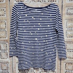 Old Navy Navy and White Striped Long Sleeve Cotton Top with Gold Stars S